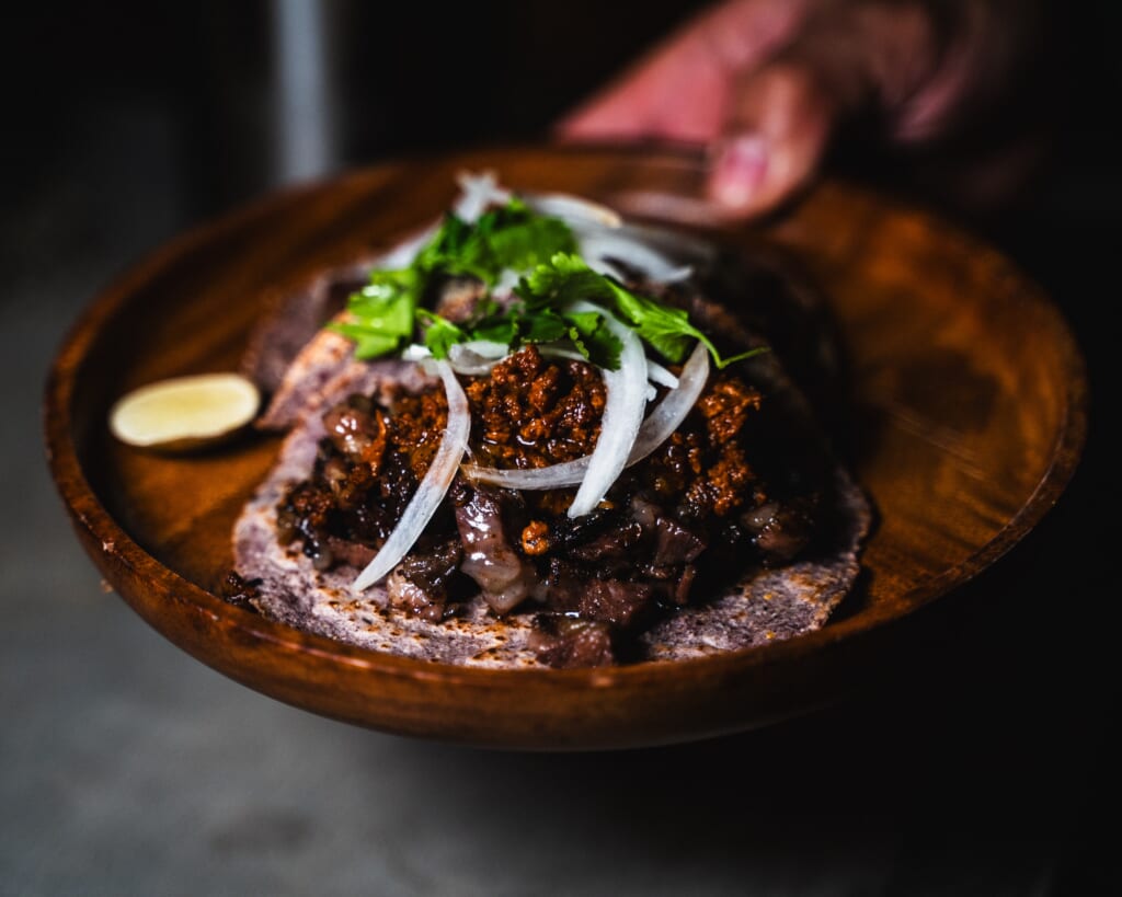 Campechano taco with wagyu beef cheeks and chorizo